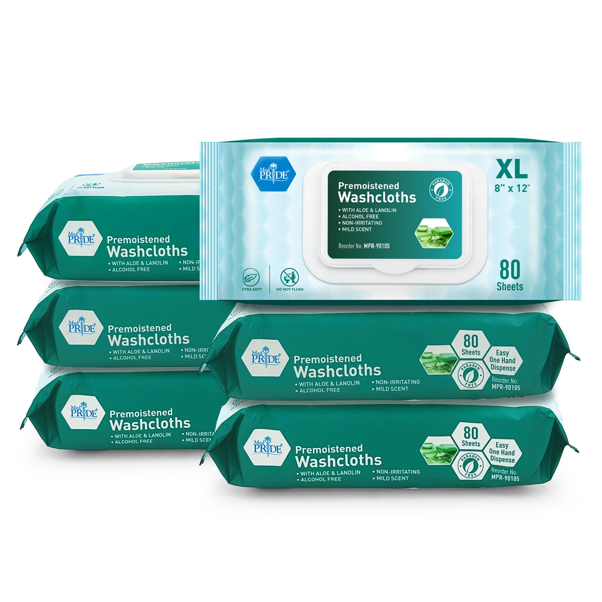 MED PRIDE Extra Soft XL Premoistened Disposable Adult Washcloths 8” X 12” Bath Wipes for Sensitive Skin with Aloe Vera, Case of 480 (80ct, Pack of 6)