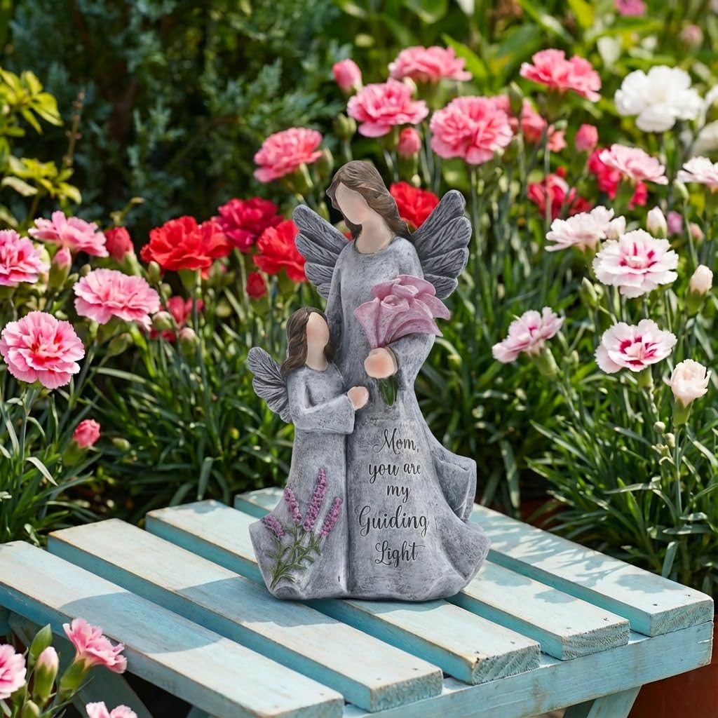 TERESA'S COLLECTIONS Mother & Daughter Solar Angel Statue, Birthday & Memorial Gifts for Mom from Daughter, Snuggle Angels Outdoor Figurines for Garden Yard, 8 Inch