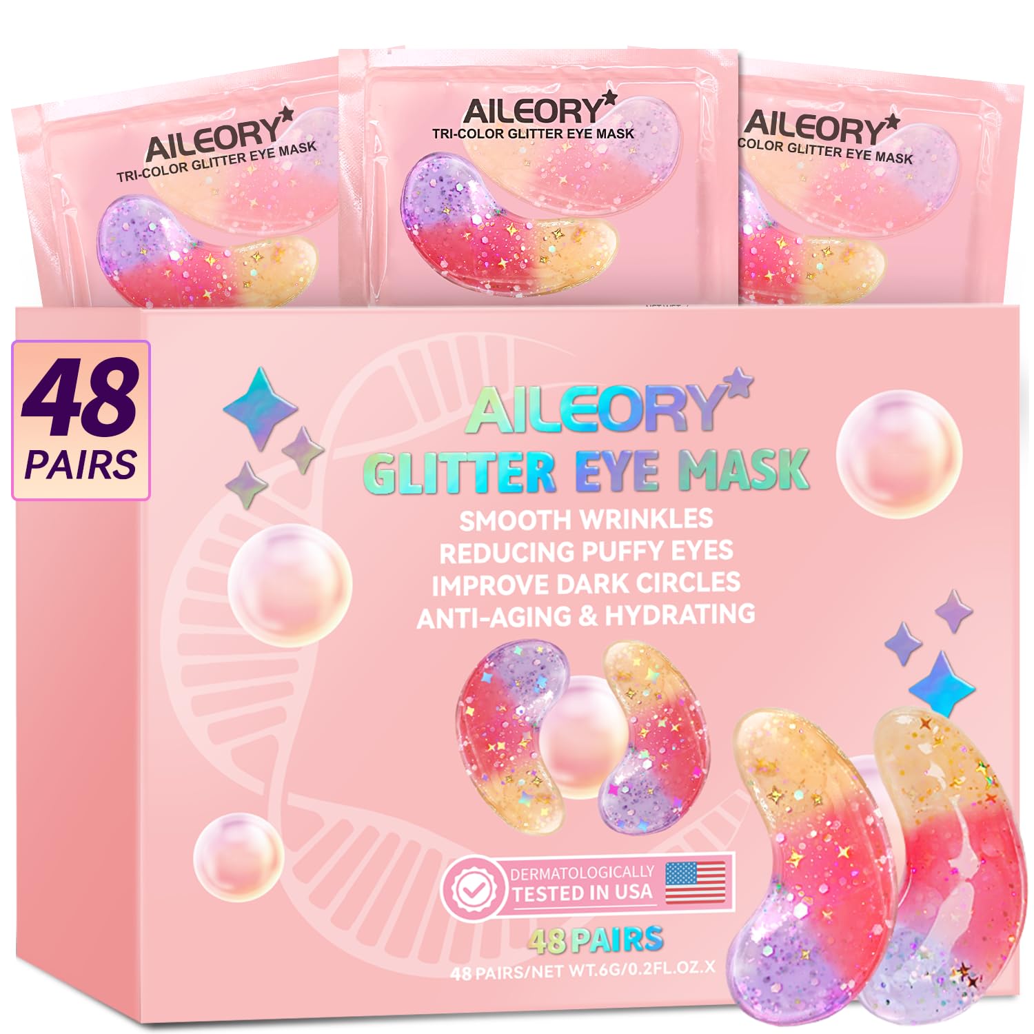 AILEORY Under Eye Patches (48 Pairs) - Tri-color Glitter Eye Gel Pads for Dark Circles, Puffy Eyes, Under eye Bags, Wrinkles | Natural Collagen Under Eye Mask Patches, Gel Under Eye Patches