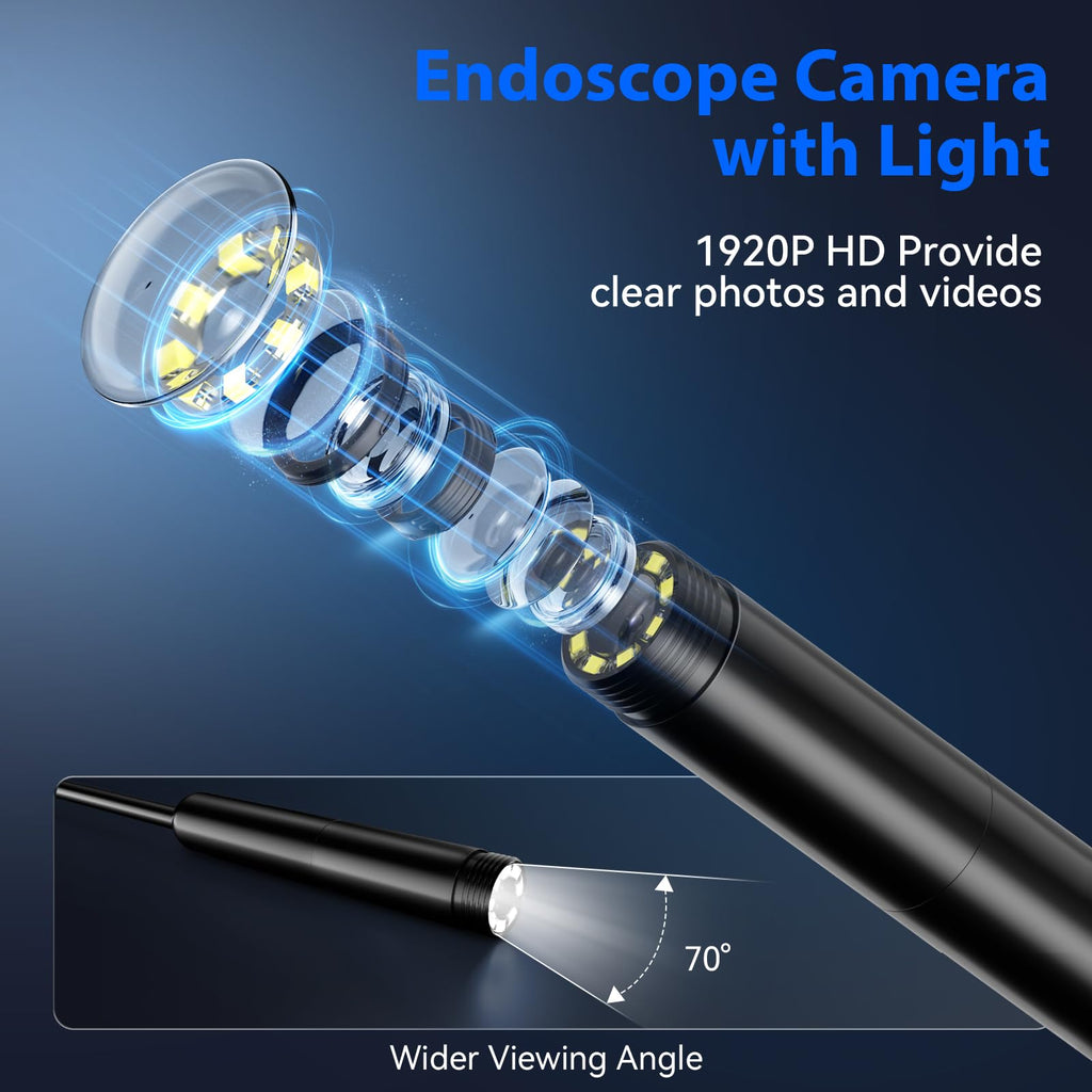 Endoscope Camera with Light, 1920P HD Borescope Tools with 8 Adjustable LED Lights, 9.8FT Semi-Rigid Snake Cord IP67 Waterproof Inspection Camera for iPhone, iPad, iOS and Android Phone