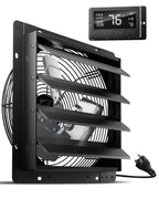 HG Power 14 Inch Attic Fan with Thermostat, Shutter Exhaust Fan with Smart Temperature Humidity Controller, Wall Mounted Greenhouse Fan with EC Motor for Garage, Shed Ventilation, Black