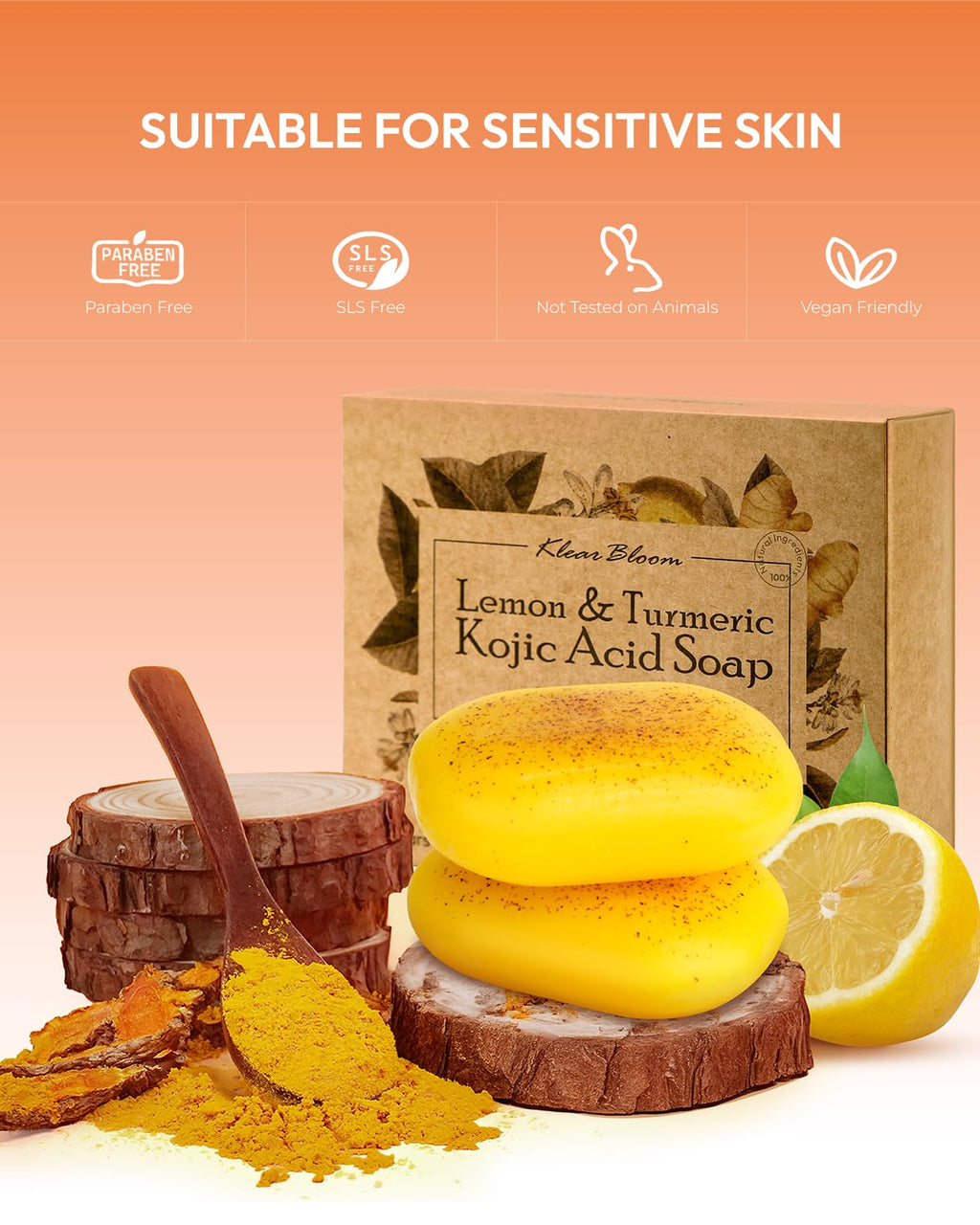 KlearBloom Lemon Turmeric Kojic Acid Soap – Exfoliating Soap with Almond Particles for Dark Spots, Vitamin C and Extra Shea Butter, Gentle Brightening & Moisturizing for Face and Body – 105g x4 Bars