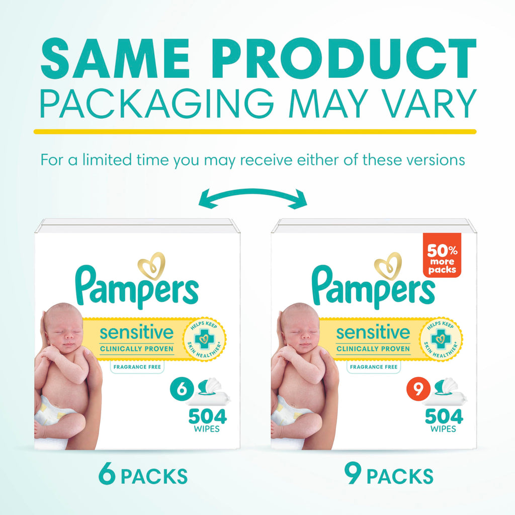 Pampers Sensitive Baby Wipes, Unscented, Fragrance Free, Clinically Proven, Water Based, Hypoallergenic, Multi-Use, Hand Wipes, 504 Wipes Total (9X Flip-Top Packs)