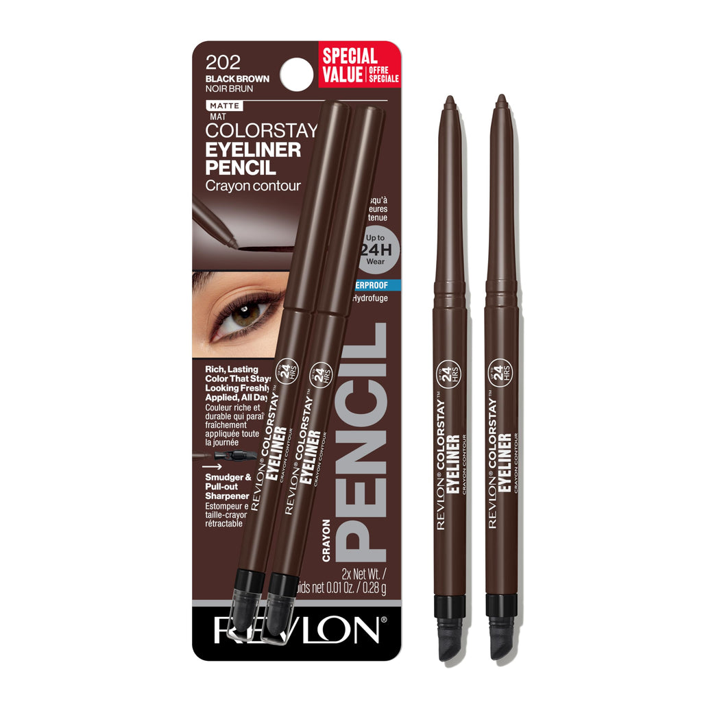 Revlon ColorStay Pencil Waterproof Eyeliner, Smudge-Proof, Eye Makeup with Built-In Sharpener, 202 Black Brown, 2 pack