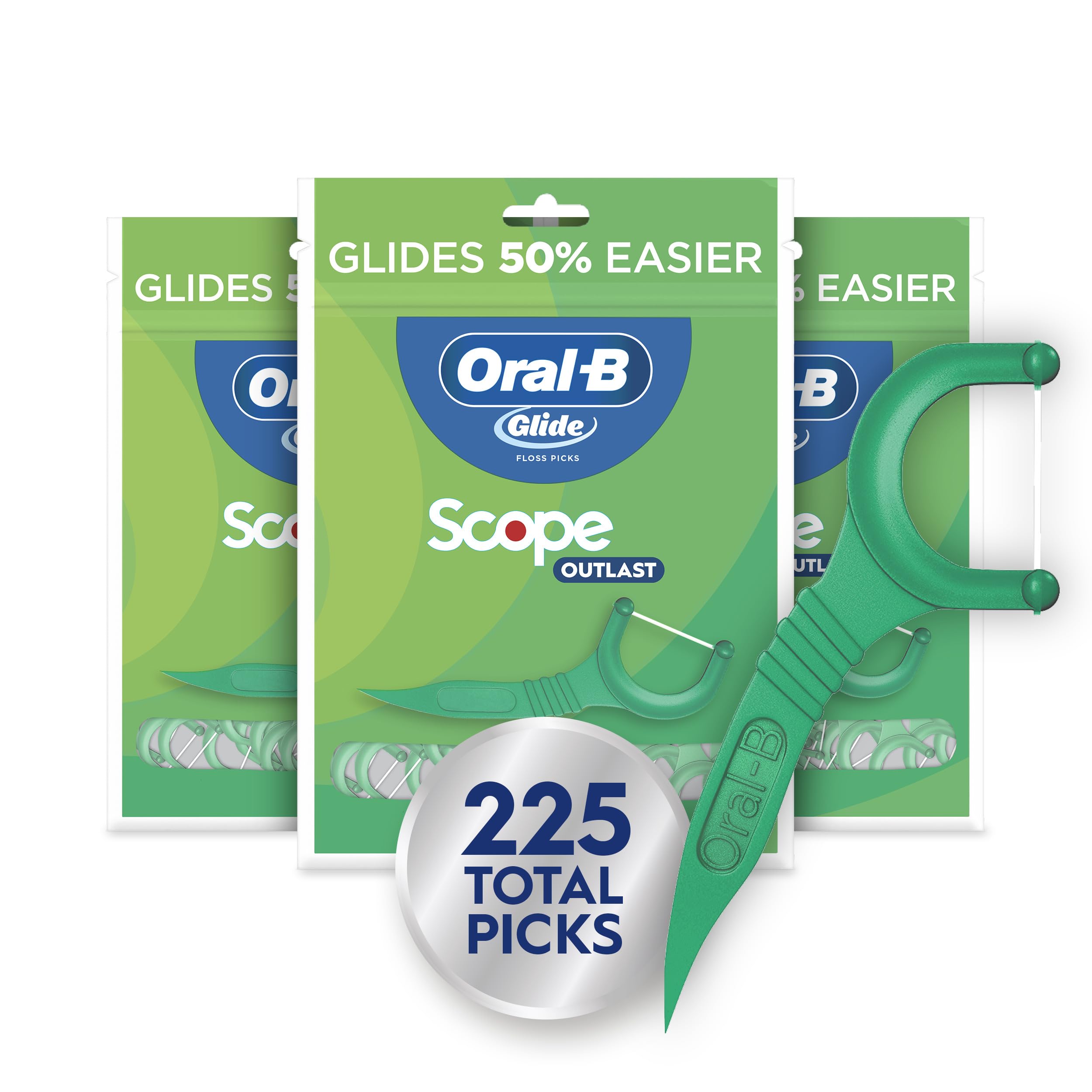 Oral-B Glide Mint Dental Floss Picks with Long Lasting Scope Flavor, 3 Pack of 75 Picks (225 Total)