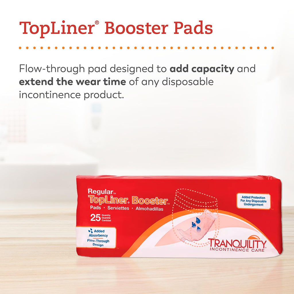 Tranquility TopLiner Disposable Booster Pads, Super (15" x 4.25") Flow-Through Design with Adhesive Strip for Max Absorption, Adult Unisex, 100ct Case