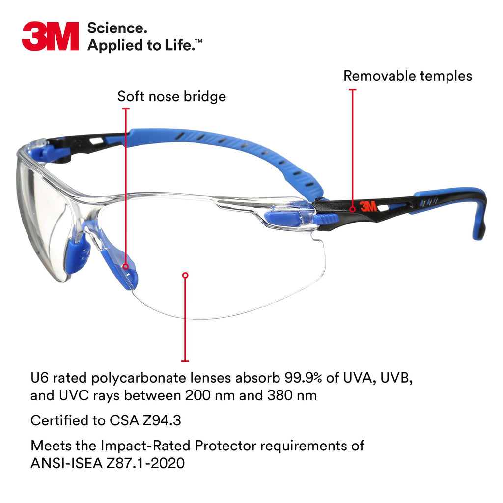 3M Safety Glasses for Men and Women, Solus 1000 Series, ANSI Z87, Scotchgard Anti-Fog, Clear Lens, Low Profile, Blue/Black Frame