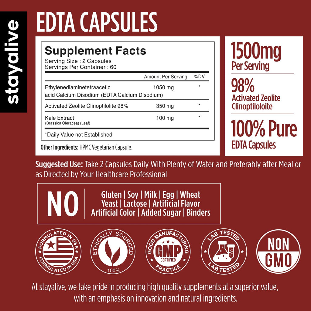 STAY ALIVE EDTA Capsules 1500mg with Zeolite 98% and Kale Extract Powder, 120 Pills, Non-GMO & Gluten Free Calcium Disodium EDTA Supplement