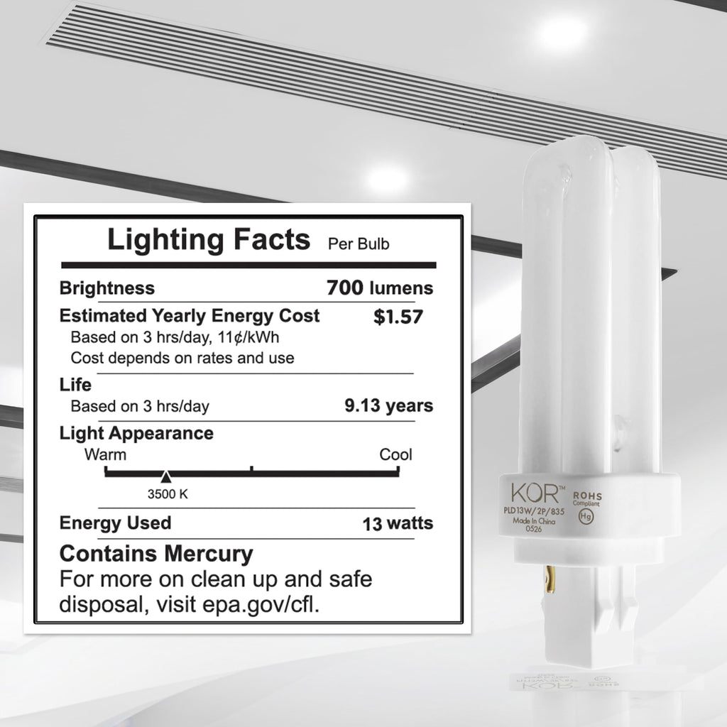KOR - (4 Pack 13 Watt Double Tube - 2 Pin (GX23-2) Base - 3500K CFL-Plug-in Replacement for Sylvania 21117/20691 - CF13DD/827/ECO - GE 97588 - F13DBX23/835/ECO - Philips 383125 PL-C13W/35/USA/ALTO.