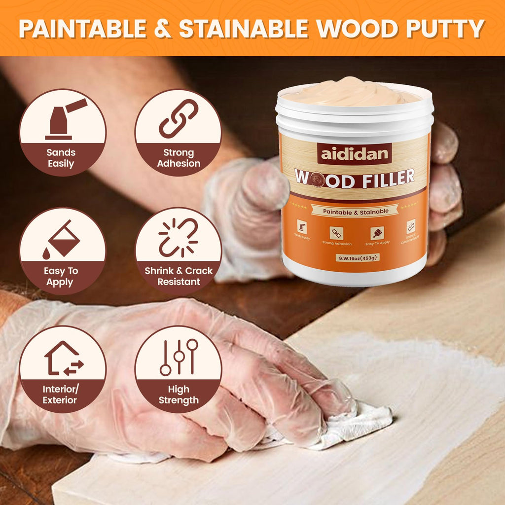 Wood Filler, Wood Repair Kit, 16 Ounce Paintable & Stainable Wood Putty Filler, Wood Scratch Cracks Holes Repair Furniture, Exterior Wood Filler Water Resistant, Wood Putty White oak,