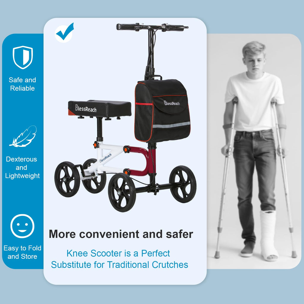 Economy Knee Scooter Steerable Knee Walker for Foot Injuries Compact Crutch Alternative with Dual Braking System (Red)