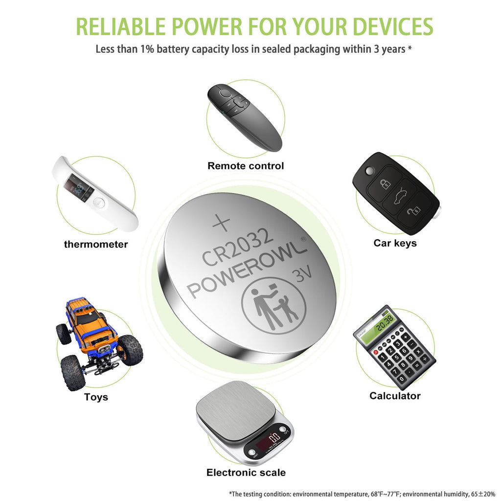 POWEROWL High Capacity CR2032 Battery (20-Pack) 3v Lithium Batteries, Leak-Free, Long Lasting Cr 2032