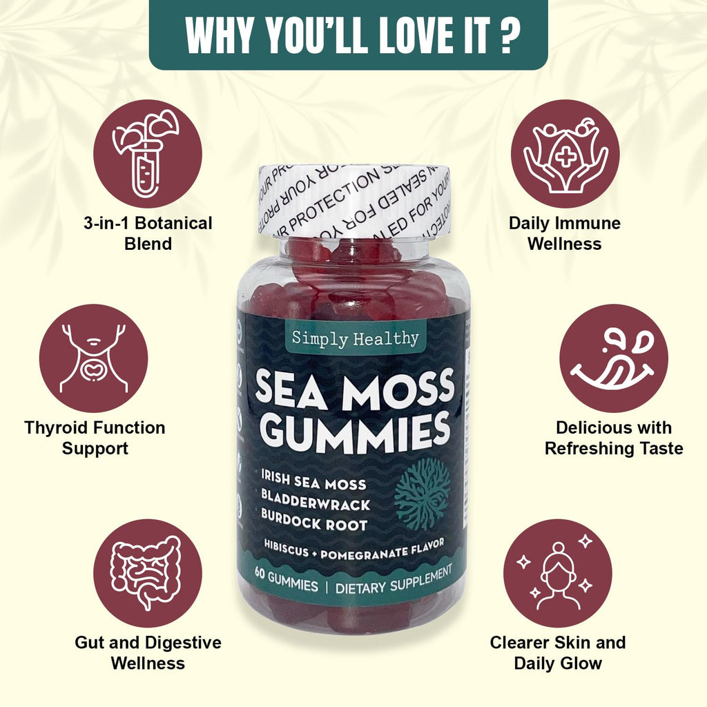 Simply Healthy Premium Sea Moss Gummies, Irish Sea Moss Supplement with Bladderwrack and Burdock Root, Vegan Support Detox Gummies, Plant-Based Wellness, for Gut Health, Superfood 60ct