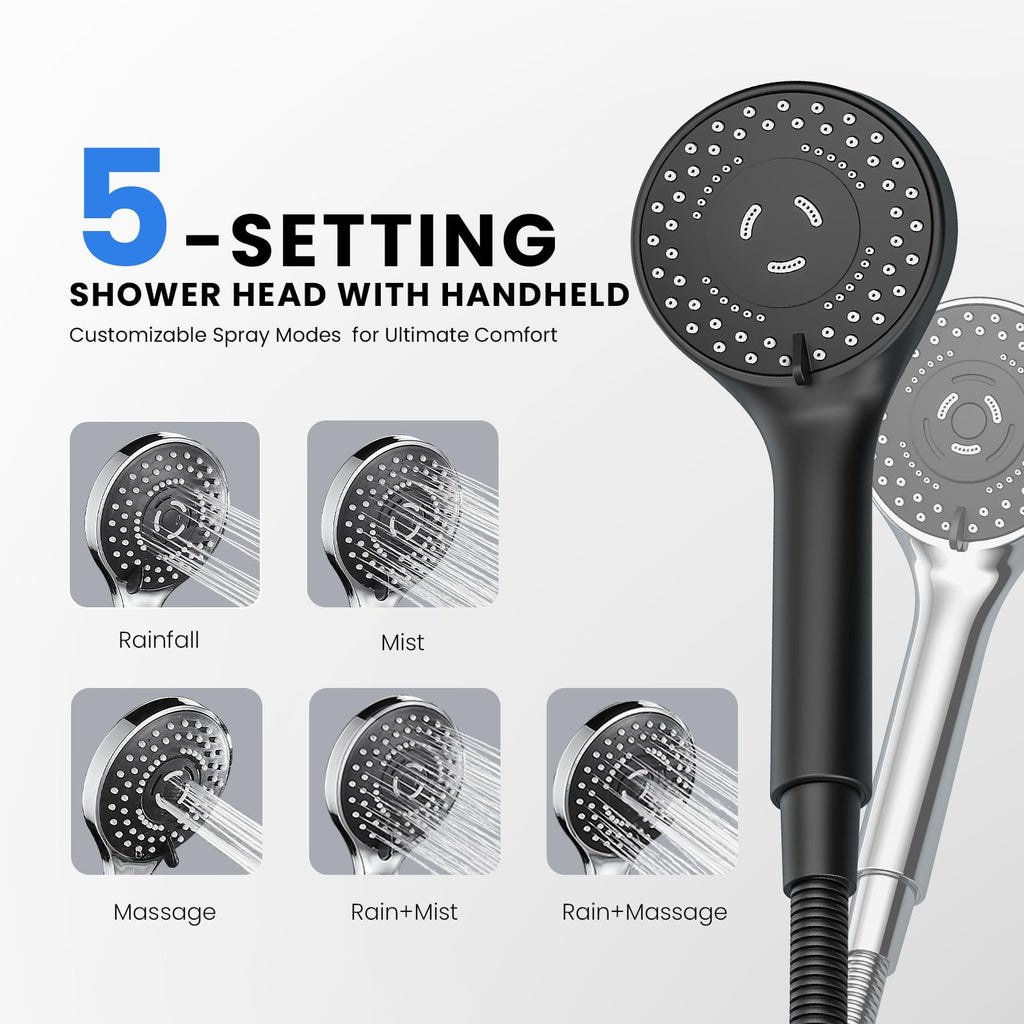Seacity Wide Rain Shower Head With 5 Modes Handheld Showerheads, High Pressure Showerhead Combo with Extension Arm for Bathroom Accessories, Adjustable Shower Head with Anti-Clog Nozzles (Black)