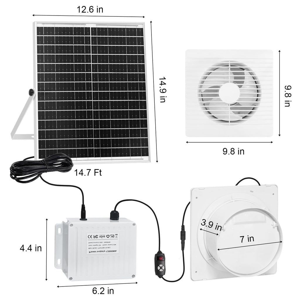 Solar Powered Fan with Battery Run Day/Night, 25W 9.8" Solar Fan for Chicken Coop with 2 Fan Speed/1-8 Cycle Timer, Waterproof Solar Greenhouse Fan for Shed, Chicken Coop, Greenhouse