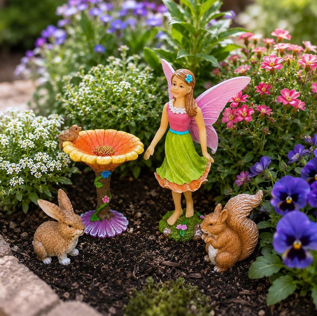 Mood Lab Fairy Garden Figurines with Flower - Miniature Decor Set (4 pcs) - Statues & Accessories - Outdoor Indoor Garden Decor