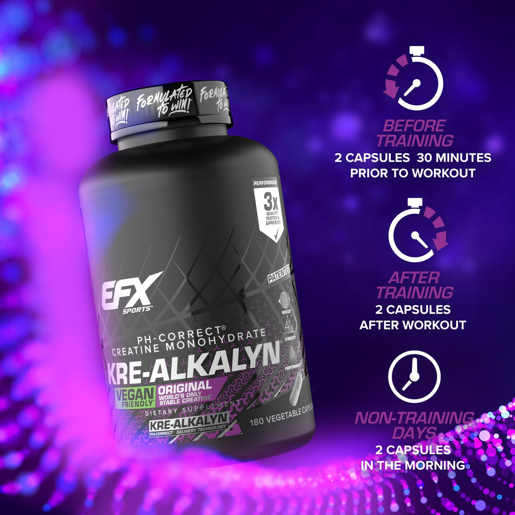 EFX Sports Kre-Alkalyn EFX | pH Correct Creatine Monohydrate Pill Supplement | Vegan Friendly | Strength & Muscle Growth | 90 Servings, 180 Veggie Capsules