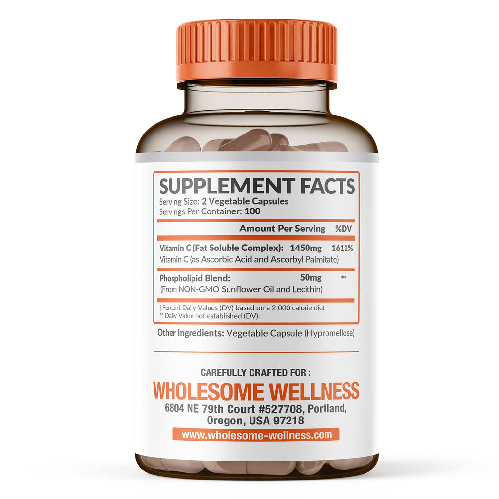 Wholesome Wellness Liposomal Vitamin C Capsules (200 Pills 1500mg Buffered) High Absorption, Immune System & Collagen Booster, High Dose Fat Soluble Immunity Support Ascorbic Acid, Natural Vegan
