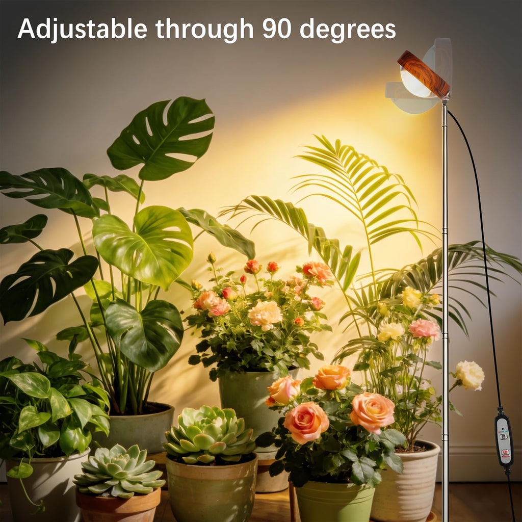 FECOLGT Grow Light for Indoor Plants, Full Spectrum Floor Plant Lamp with Convex Lens, Timer 6/12/18H, Faux Walnut Wood Grain, 12-57 inches Height Adjustable Desktop and Standing Growing Light