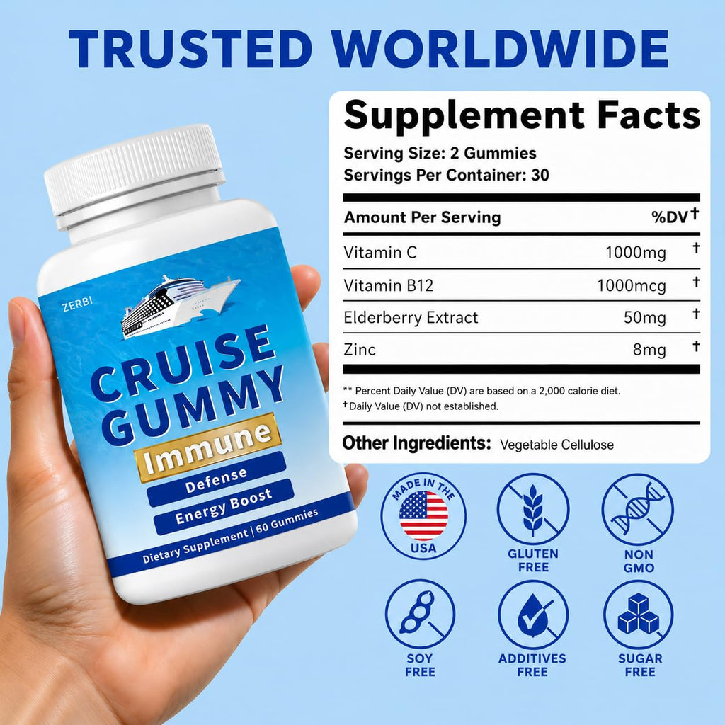 ZERBI Cruise Gummies, Immune Support, Travel Immunity Defense & Energy, with Vitamin C, Zinc, Elderberry, 60 Chewable Gummies