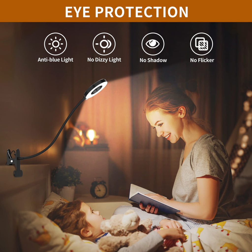 iZELL Desk Lamp, [3 Color Modes & 10 Brightness] LED Reading Light with Clamp, Silicone Flexible Arm Book Light for Kids Reading Book in Bed at Night Clip on Table, Headboard, Dorm - 15.8‘’ Black