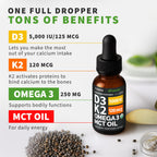 (2 Pack) Organic Vitamin D3 K2 Drops with MCT Oil Omega 3, 5000 IU, Maximum Strength Vitamin D Liquid, No Fillers, Non-GMO Liquid D3 for Faster Absorption and Immune Support (Unflavored, 2 Fl Oz)