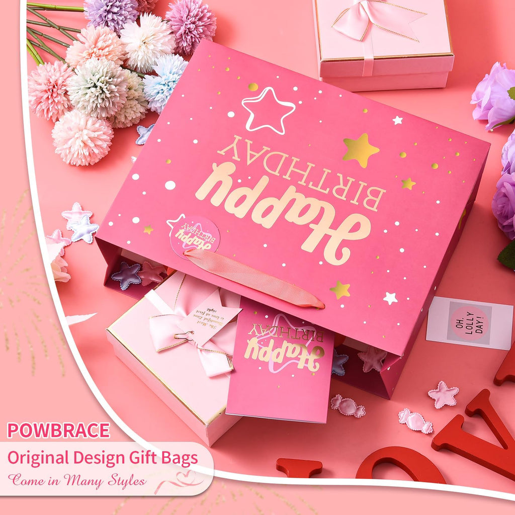 Powbrace 13" Pink + Black Happy Birthday Gift Bag with Tissue Paper and Greeting Card for Party,Happy Birthday Gift Bag for Men Women, Gift Bags Medium size(2 PCS Pink & Black)