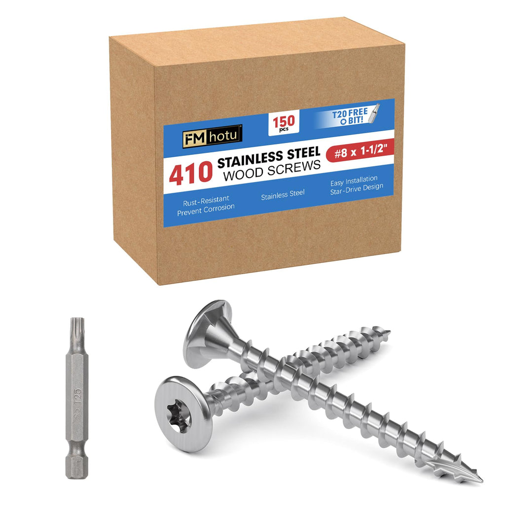 #8 x 1.5 Stainless Steel Deck Screws, 150Pcs Deck Screws T20 Star Bit, 410 Grade Stainless Steel, Rust Resistant Timber Screws for Log Landscaping Wood