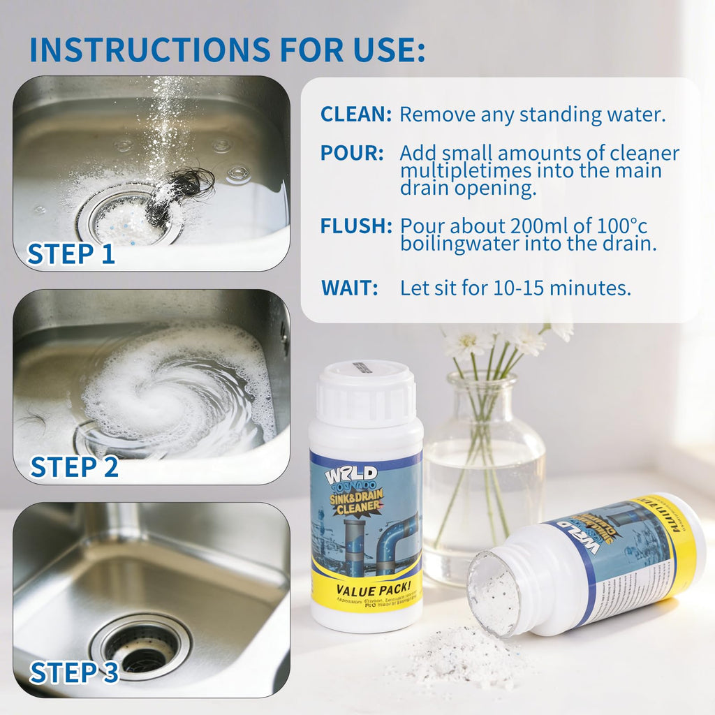 Wild Tornado Sink and Drain Cleaner, Wild Tornado Pipe Dredge, Powerful Sink and Drain Cleaner Powder, Fast Foaming for Kitchen Toilet Pipeline Quick Cleaning Tool (4PC)