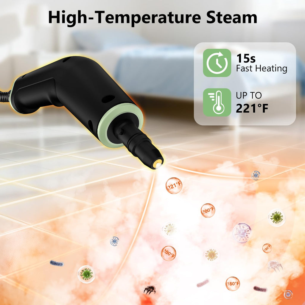 Steam Cleaner, Portable Steamer for Cleaning with 16pcs Accessories, 6-Level Adjustable and 15s Heat-Up, Handheld Steam Cleaner for Home, Tile, Dirt, Grout, Grease, Car Detailing, Dark Green