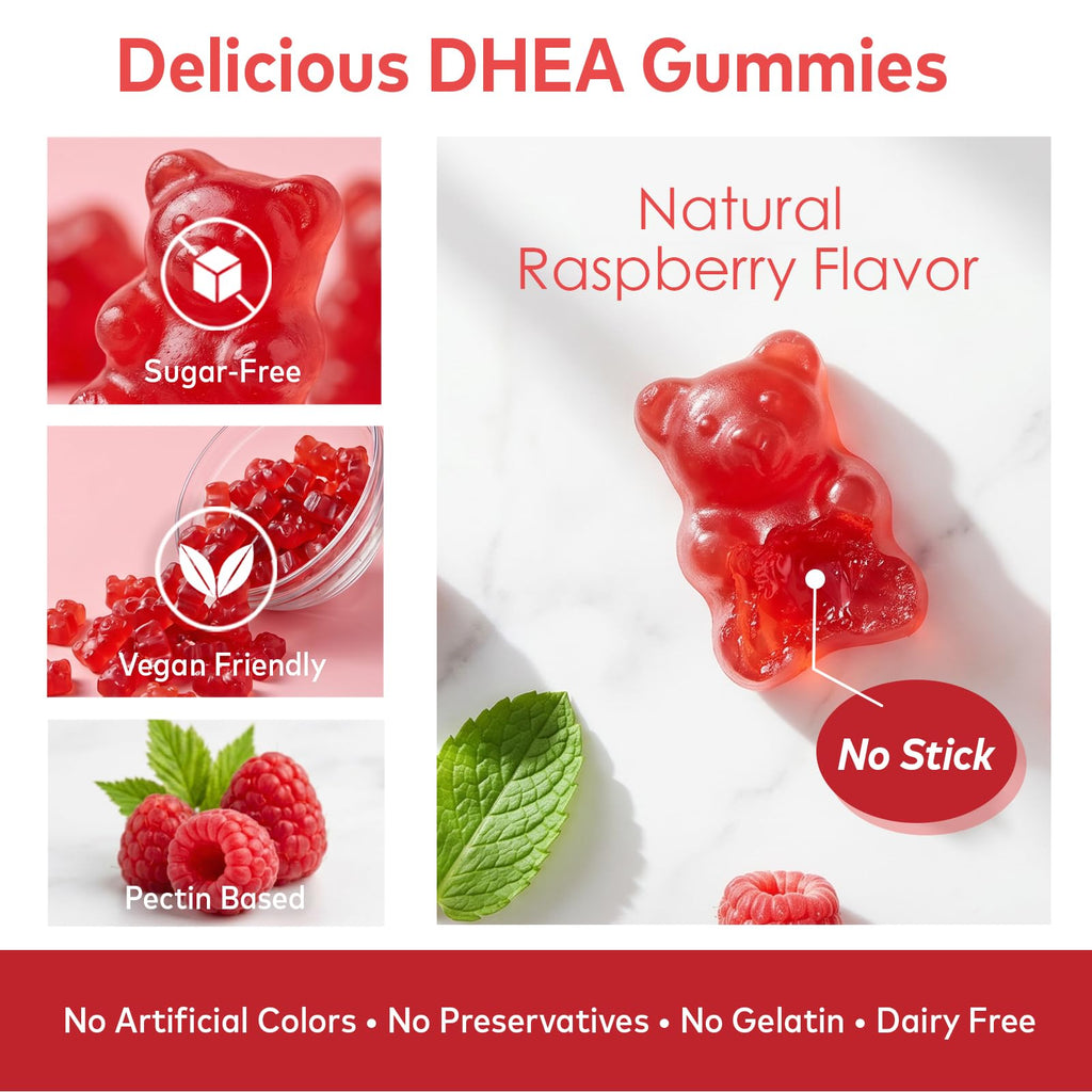 HFELIZ DHEA Supplement for Women, DHEA 25mg Gummies with B6, B12, Folate and Chasteberry for Energy Support, Vegan, Raspberry Flavor, 60 Count