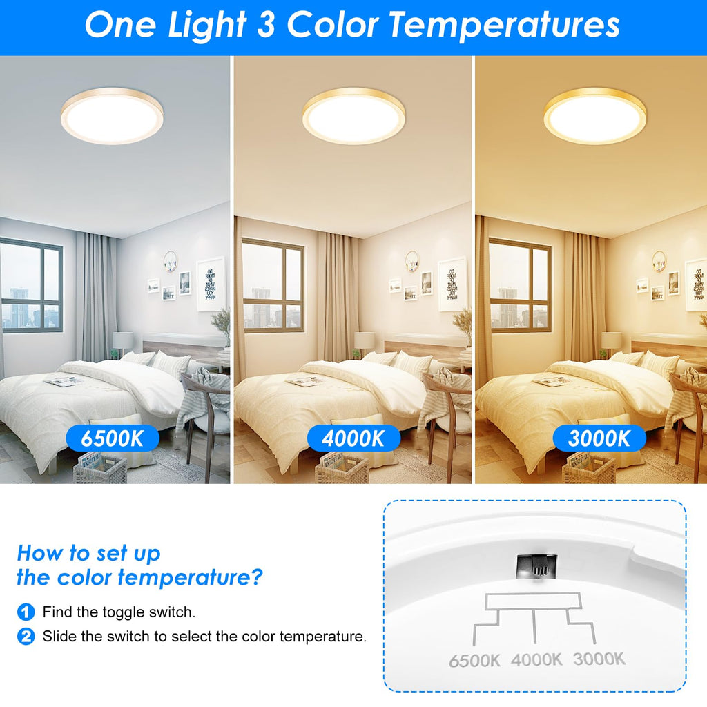 Peasur 12 Inch LED Ceiling Light Gold, 24W Slim Flush Mount Ceiling Light 3000K/4000K/6500K Adjustable, Modern Round Ceiling Lighting for Bedroom, Living Room, Kitchen(2 Pack)