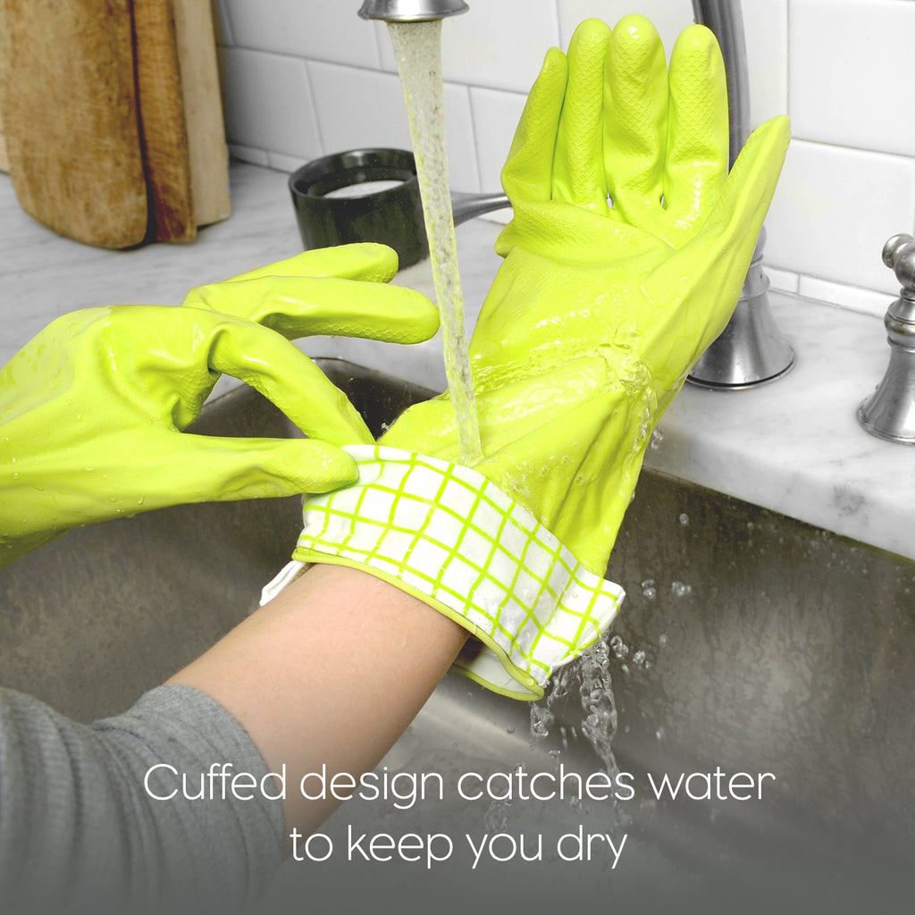 Full Circle Splash Patrol - Natural Latex Cleaning Dish Gloves, Stay-Dry Cotton Cuffs, Durable with Protective Lining, Medium/Large, (1 Pair) Green