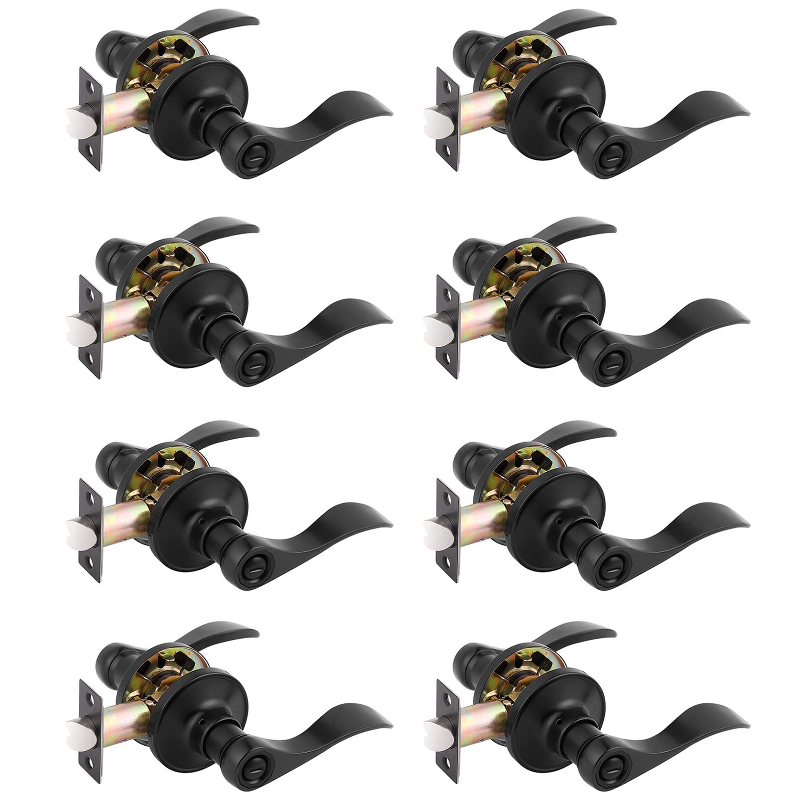 Gobrico 8 Pack Matte Black Privacy Bed/Bath Door Handle Levers, Reversible Keyless Wave/Drop Style Zinc Alloy Knob for Interior Doors