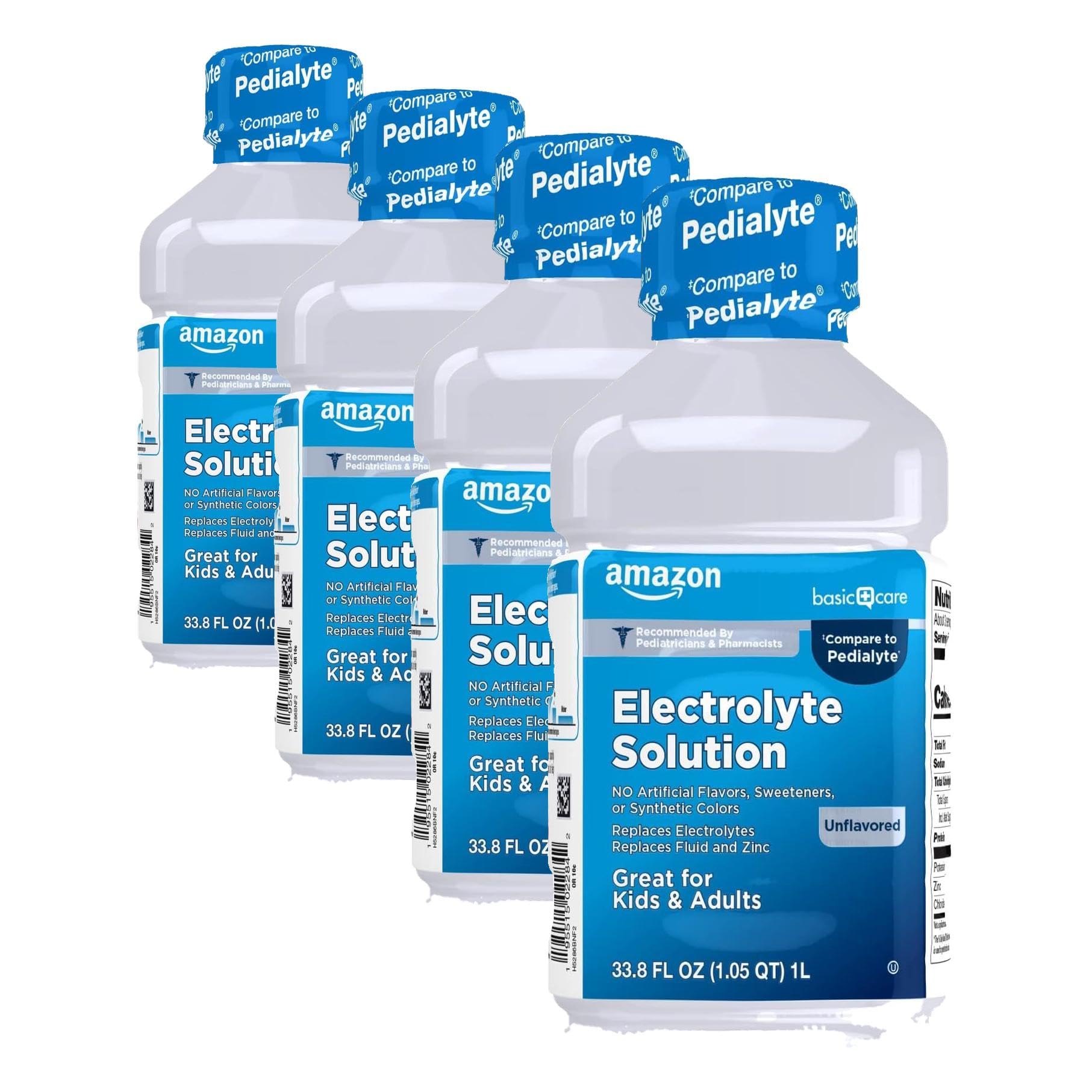 Amazon Basic Care Oral Electrolyte Solution with Zinc for Rehydration, Unflavored, No Artificial Flavors or Sweeteners, 33.8 fl oz (4-Pack)