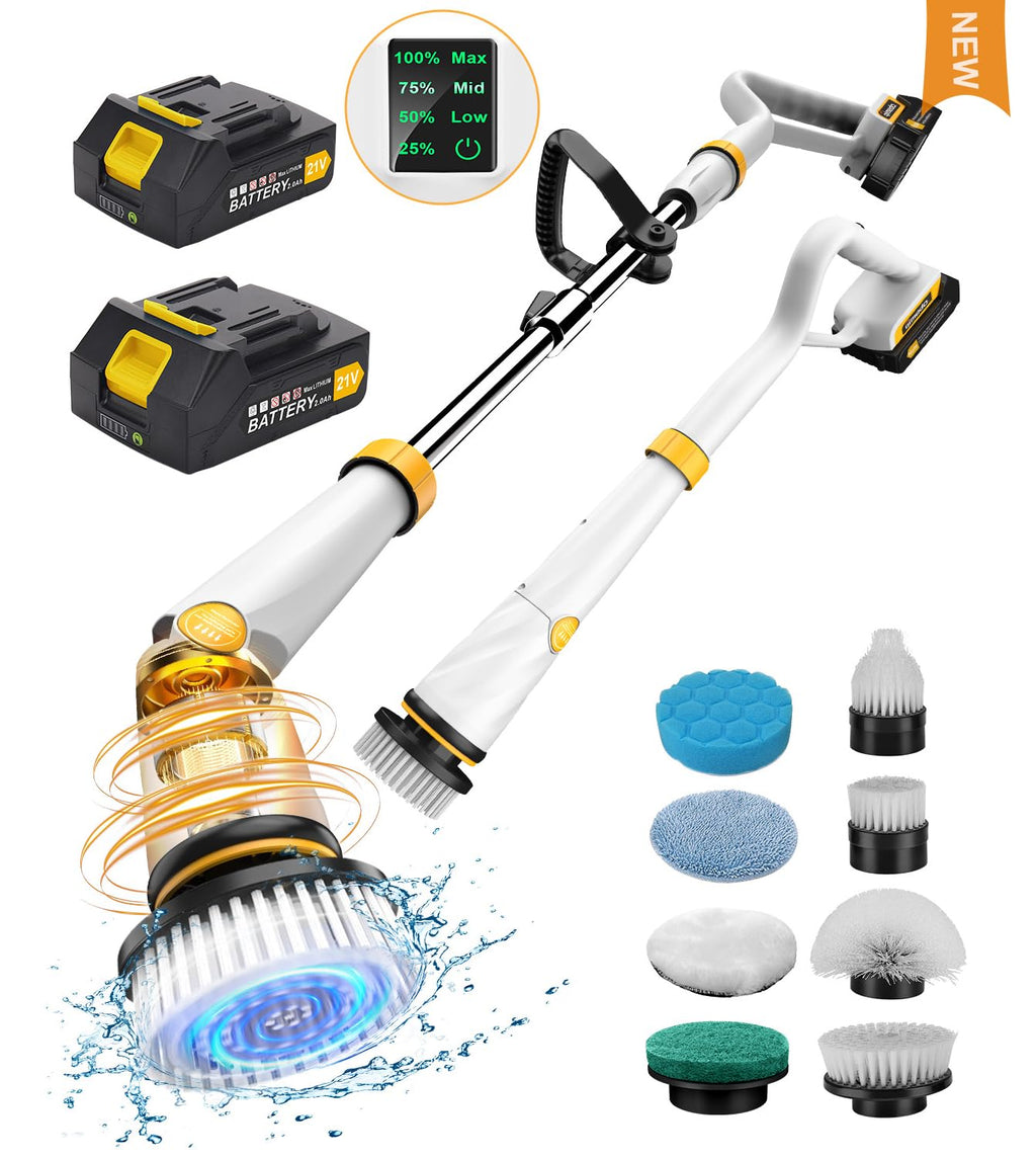 Qimedo Electric Spin Scrubber with Two Batteries Q2 Pro,1500 RPM High Power Electric Scrubber for Cleaning,Shower Cordless Cleaning Brush with Display for Tub/Tile/Floor (Effortless Handle/8 Brushes)