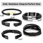 LOWNOUR Black Leather Bracelets for Men Women 5pcs Mens Bracelet Leather and Steel Braided Cuff Bracelets (A- 7.5inch)