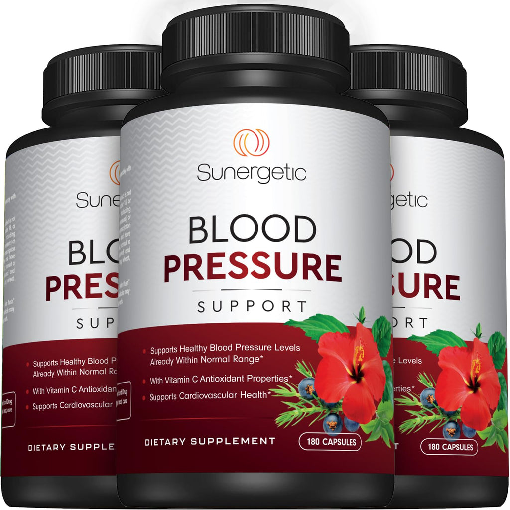 Sunergetic Premium Blood Pressure Support Supplement for Cardiovascular & Heart Health with Garlic, Hawthorn & Hibiscus (180 Capsules)