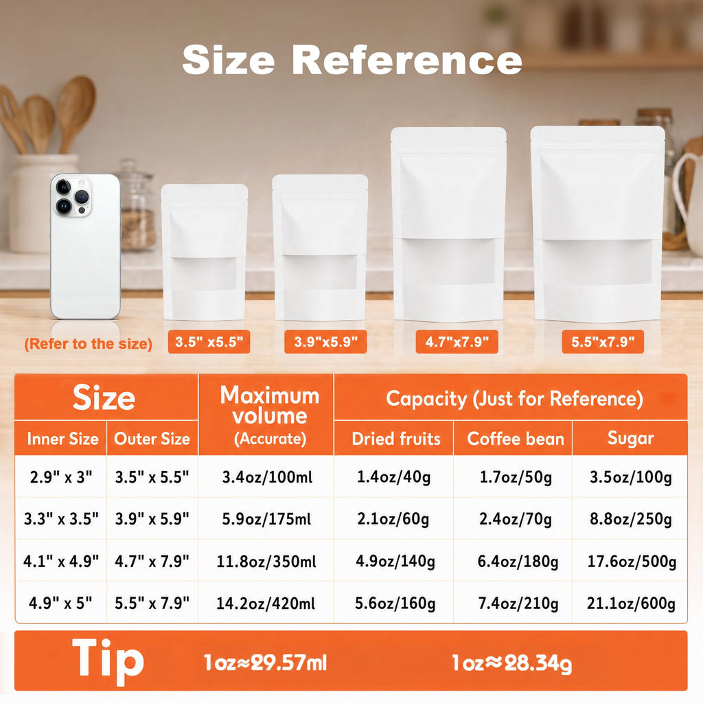 FireKylin 100 Pcs Resealable Bags, Paper Stand Up Pouches Bags with Matte Window for Small Businness, Zipper & Heat Sealable Treat Bags for Packaging(Inner Size 4.1" x 4.9"; Outer Size 4.7" x 7.9")