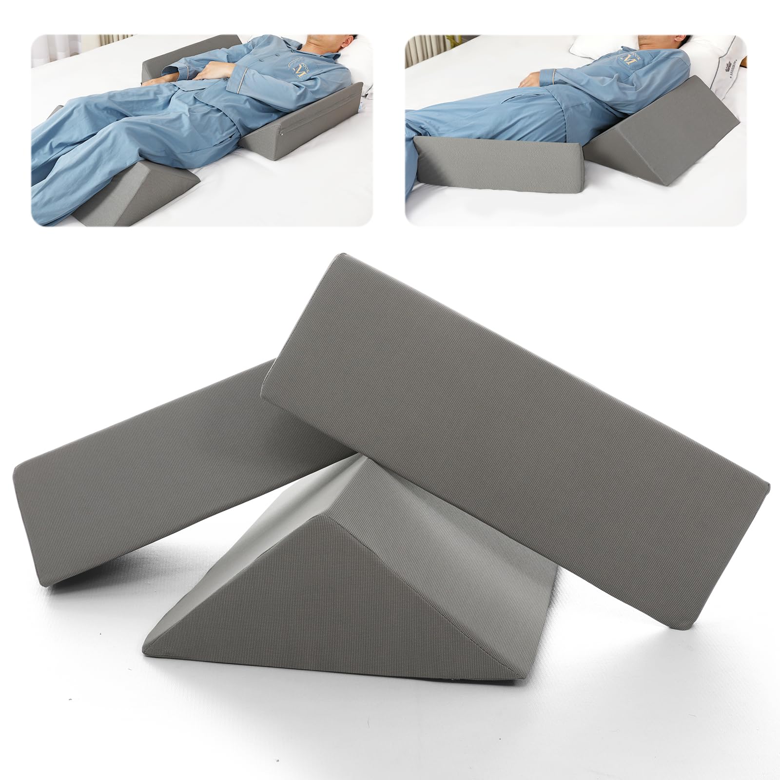 Fanwer Positioning Wedge Pillow for Side Sleeping (3 in 1), 40 Degree Triangle Bed Wedges & Body Positioners for Back Pain, Preventing Bedsores, After Surgery, Knees Elevated, Pregnancy,Grey