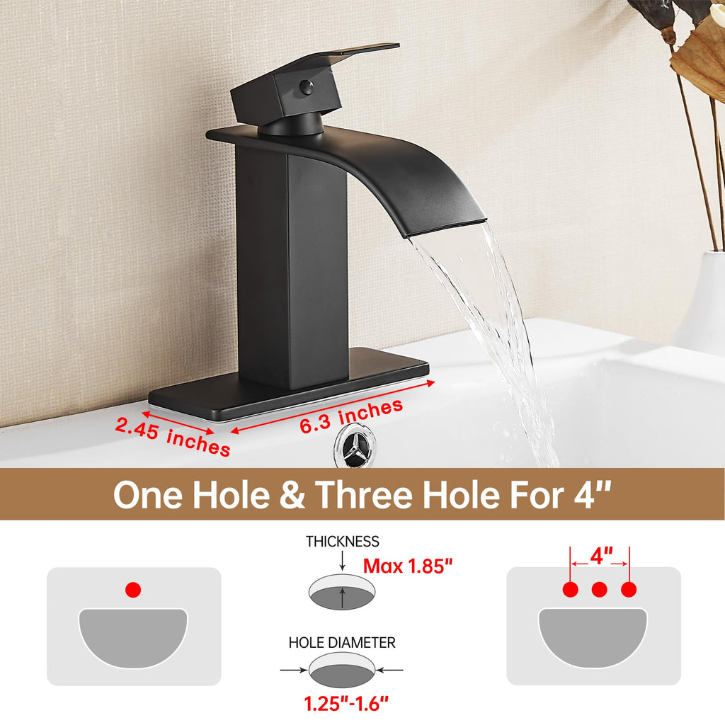 Fransiton Black Waterfall Bathroom Faucet Lavatory Single Handle 1 or 3 Hole Bathroom Sink Faucet Washbasin Faucet with Deck and Pop-up Drain