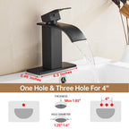 Fransiton Black Waterfall Bathroom Faucet Lavatory Single Handle 1 or 3 Hole Bathroom Sink Faucet Washbasin Faucet with Deck and Pop-up Drain