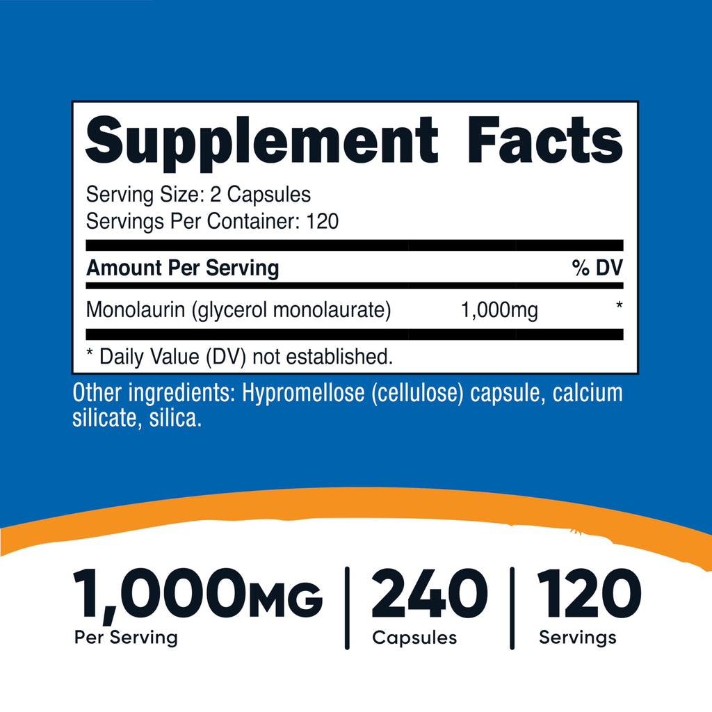 Nutricost Monolaurin 1000 mg (120 Servings, 240 Capsules) - Gluten-Free, Non GMO, Vegan (Pack of 2)