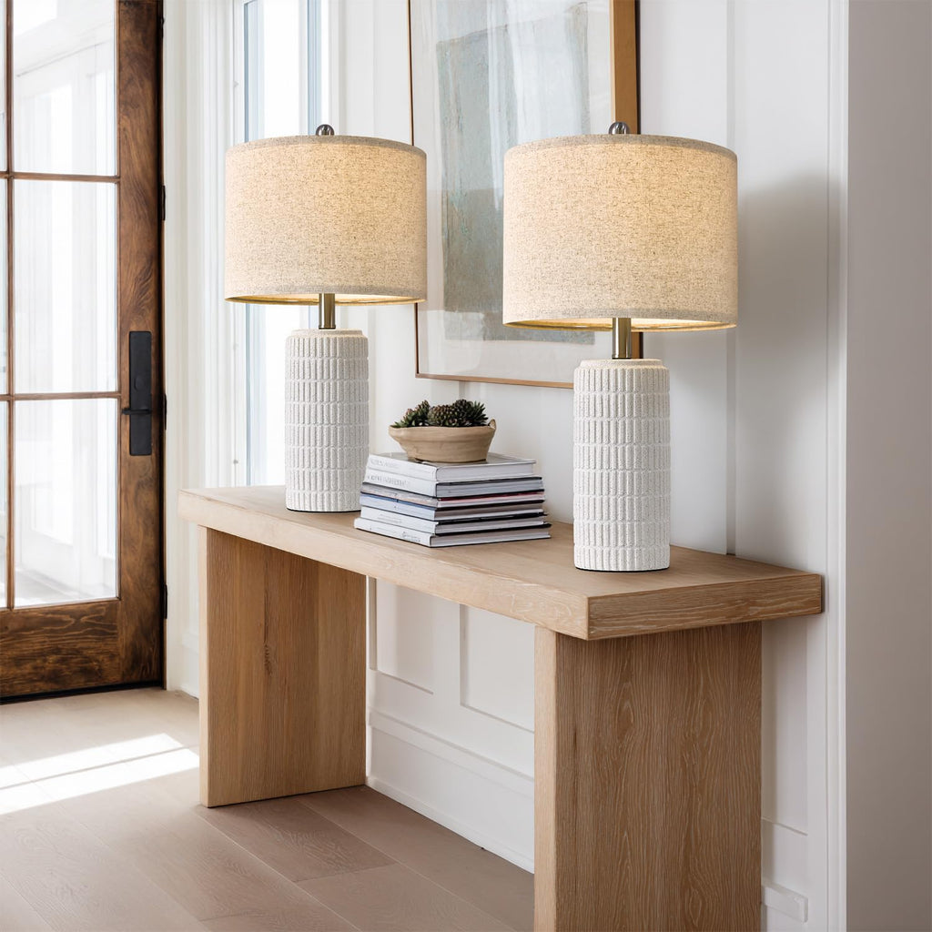 PoKat 24" Farmhouse Ceramic Table Lamps Set of 2 for Bedroom, White Stone-Like Bedside Lamps for Night Stands, Matte-Textured Decor Nightstand Table Lamps for Living Room End Table White