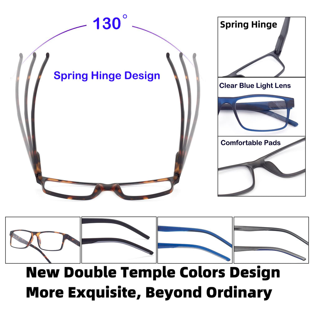 Colloddiss 4-Pack Reading Glasses for Men Women, Spring Hinge Readers Glasses, Blue Light Blocking Eyeglasses SR20523, Black Blue Gray BrownTortoise 1.75 x