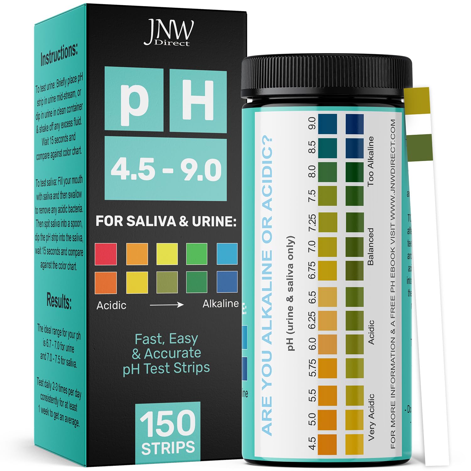 JNW Direct pH Test Strips for Urine and Saliva - 150 Litmus Paper Strips
