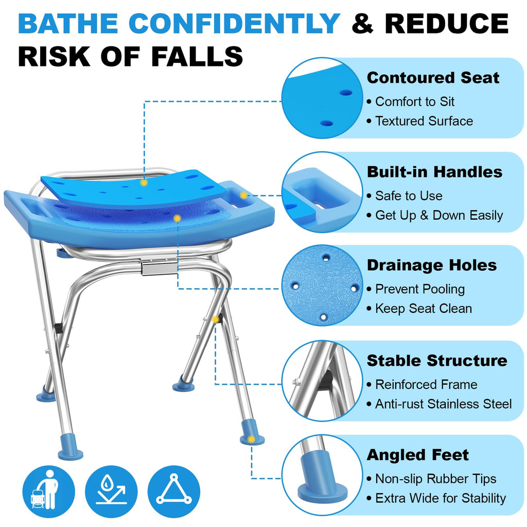 Medhelp Upgraded Folding Shower Chair, Stainless Steel Foldable Shower Seat for Inside Bathtub, Lightweight & Portable Travel Shower Stool, Anti-Slip Feet Bath Chair for Elderly, Disabled, Injured
