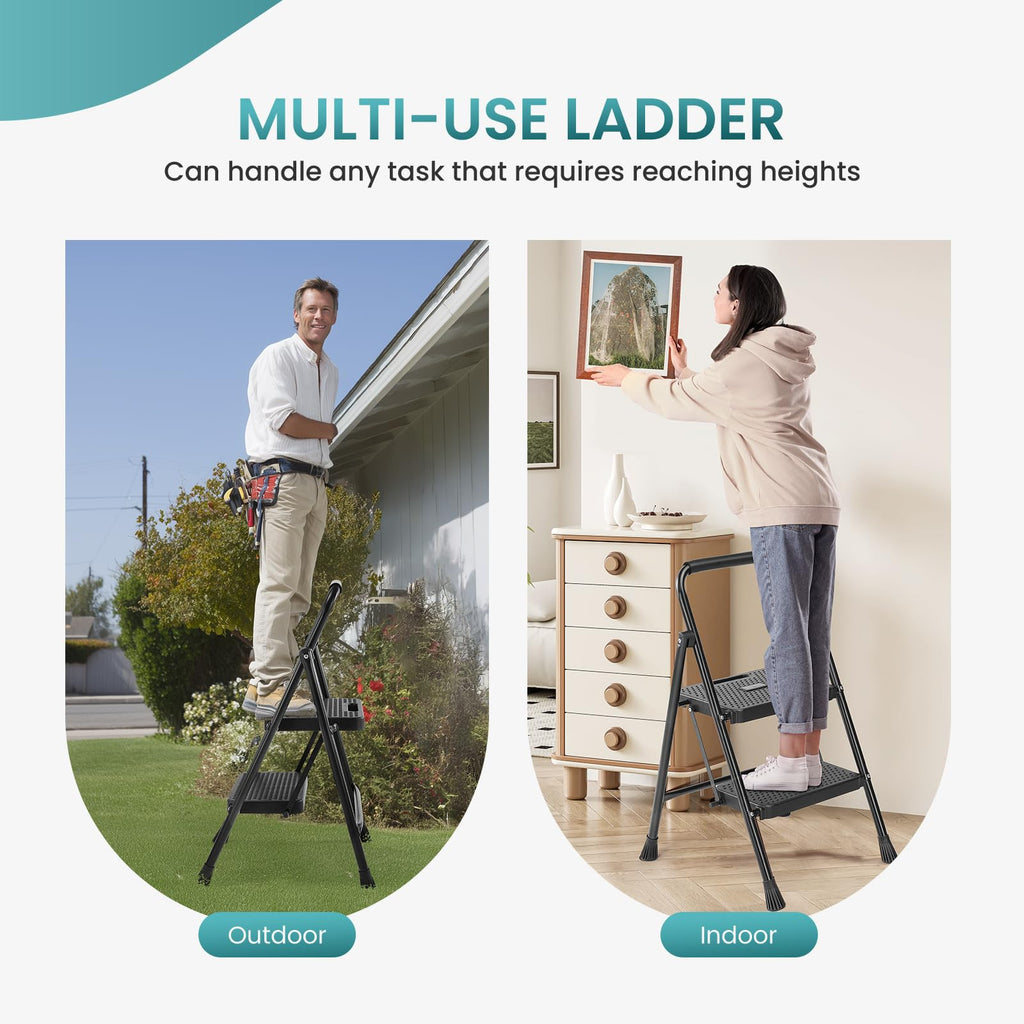 Smug Step Ladder, 2 Step Stool Foldable with Anti-Slip Pedal & Comfortable Handrail, 800lbs Capacity Sturdy Steel Ladder, Protable Heavy Duty Step Stool for Kitchen, Garage & Outdoor Use, Black
