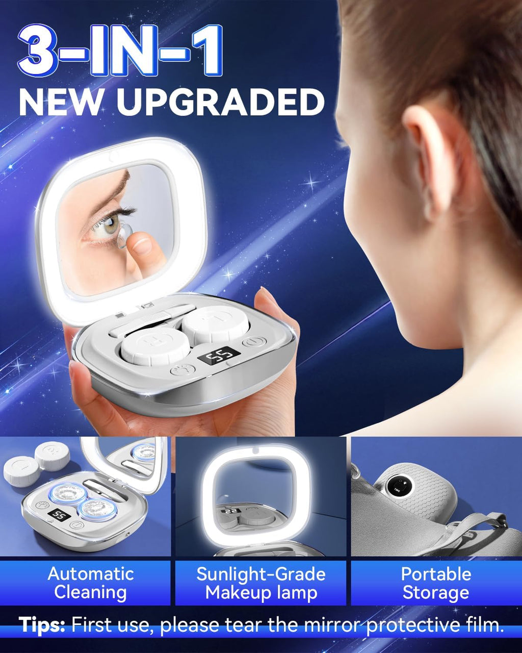2025 Upgraded Ultrasonic Contact Lens Cleaner【50KHz Germany Super Motor】【Top1 Intelligent Chip-Smart Modes】 Gentle Cleaning & 99% Brightness, Portable Soft Contact Lens Care Tools Home Travel (Grey)