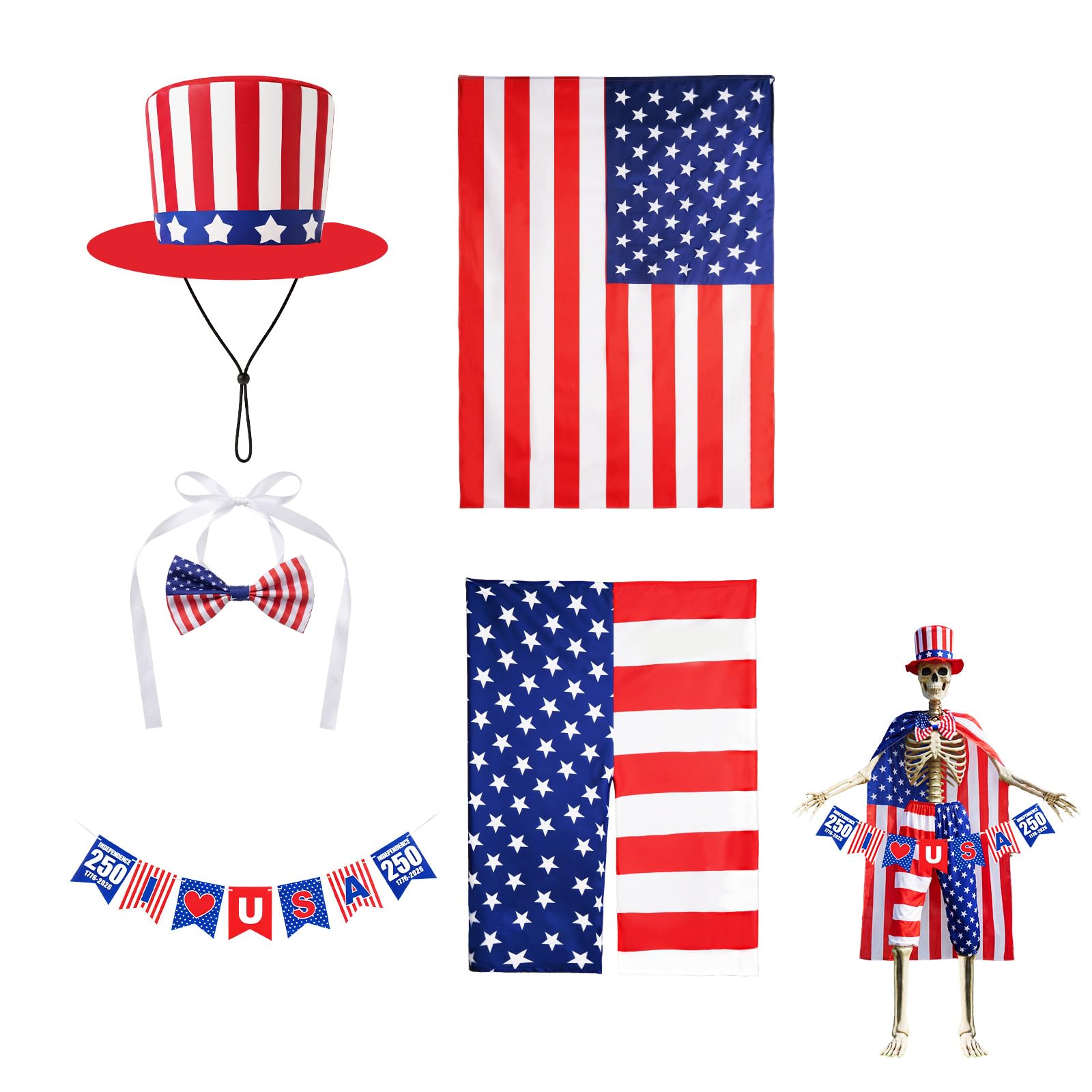 FODAHRWS 5Pcs 4th of July 12 Ft Patriotic Skeleton Clothes Set with Independence Day Hat Cape Shorts Bow Tie Banner Giant Skeleton Outfit for 250th Anniversary Celebration Yard Lawn Garden Decor